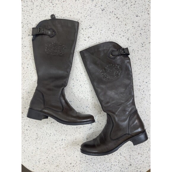 Bussola Women 7.5 Brown Leather Boot Equestrian Old Money SienaEmblem 2065 Crest - Picture 2 of 10
